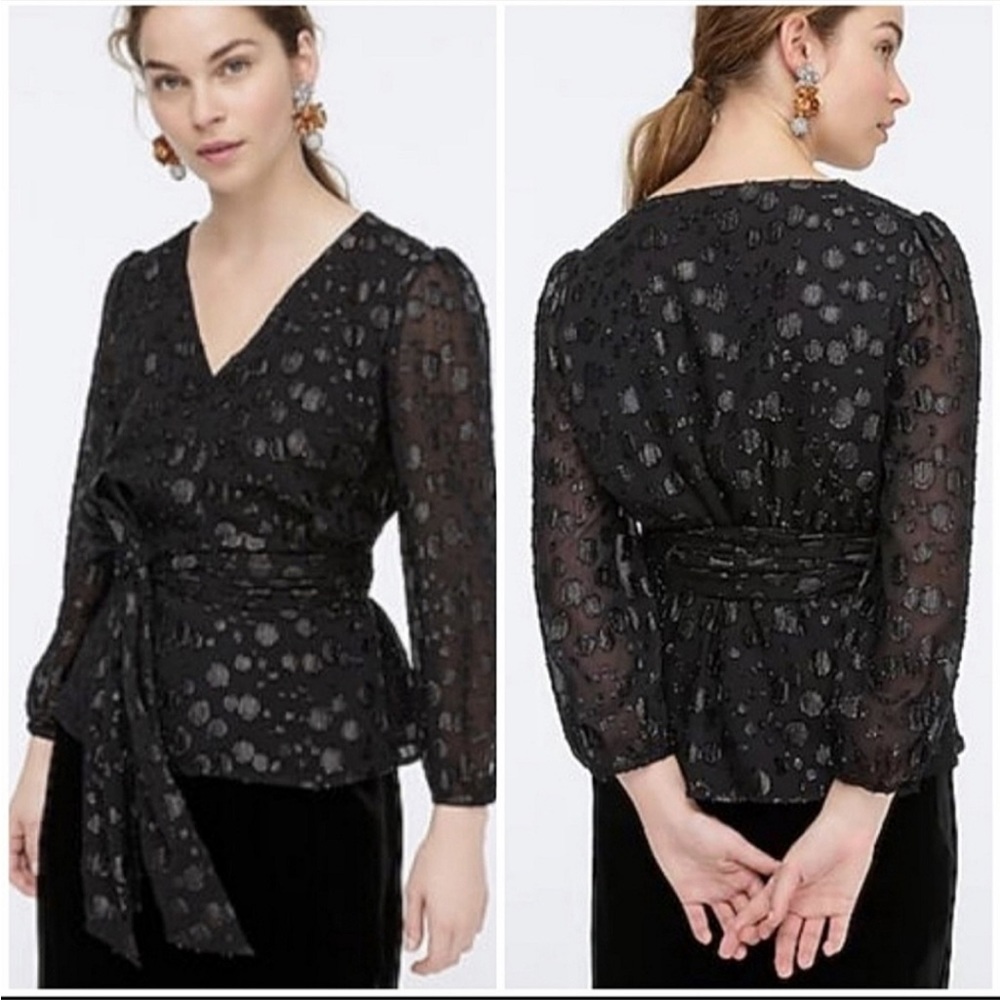 J. Crew Black Tie Waist V-Neck Metallic Dot Jacquard Top in‎ Size Extra Small